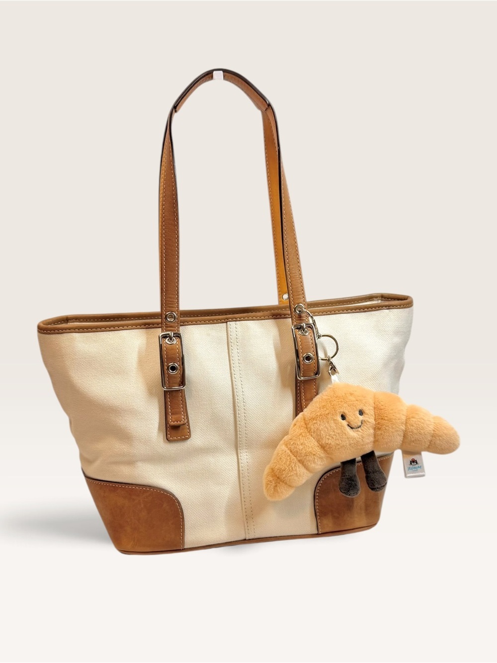 🥐 Vintage Coach Hampton Cream Canvas & Leather Tote Bag L33-9558 - Picture 4 of 13